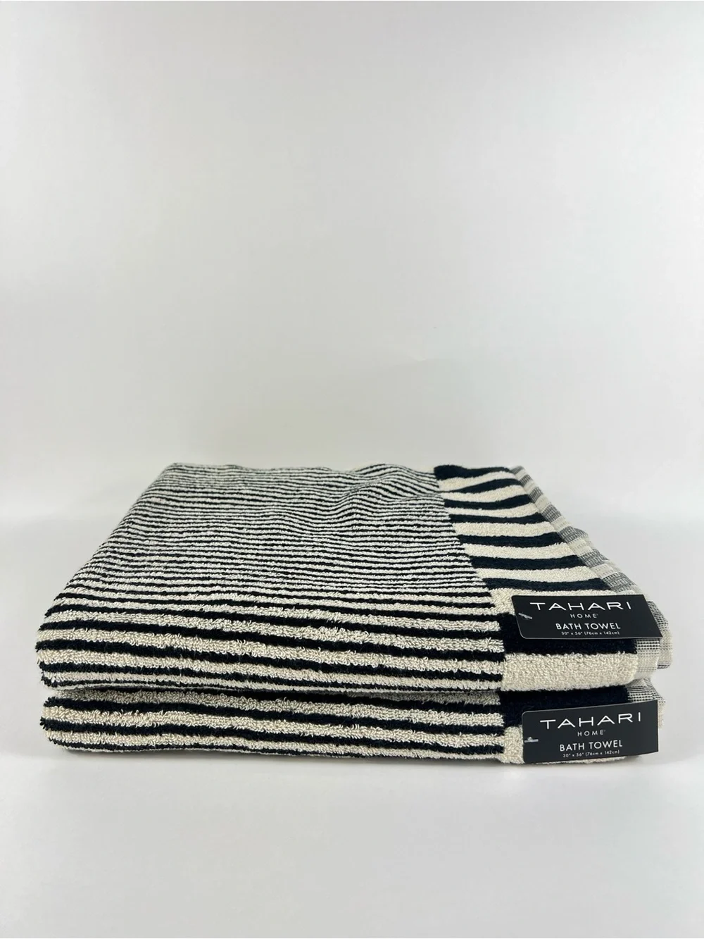 Tahari Home 2 Pc Bath Towel Set 100% Cotton Black and Cream Striped Soft NEW
